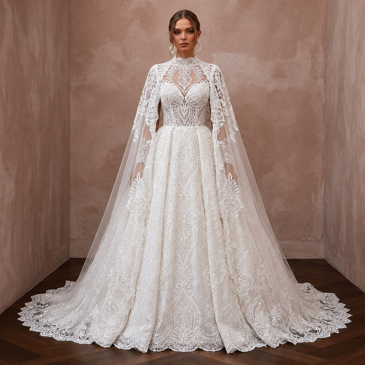 Muslim Lace Ball Gown Wedding Dress with Cape - Apparel & Accessories > Clothing > Wedding & Bridal Party Dresses > Wedding Dresses - Mignonette Bridal Main image