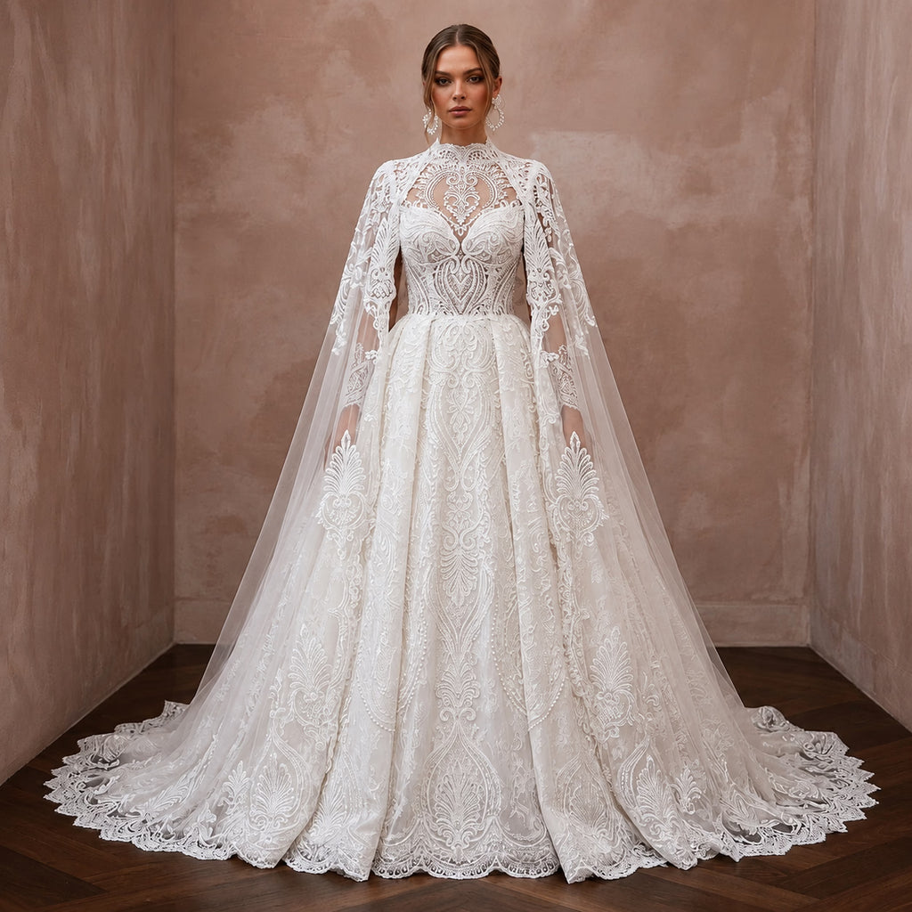 Muslim Lace Ball Gown Wedding Dress with Cape - Apparel & Accessories > Clothing > Wedding & Bridal Party Dresses > Wedding Dresses - Mignonette Bridal