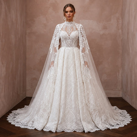 Muslim Lace Ball Gown Wedding Dress with Cape - Apparel & Accessories > Clothing > Wedding & Bridal Party Dresses > Wedding Dresses - Mignonette Bridal