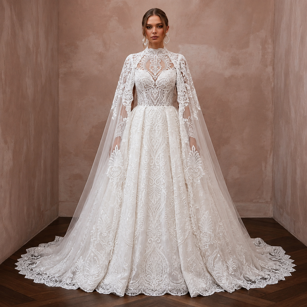 Muslim Lace Ball Gown Wedding Dress with Cape