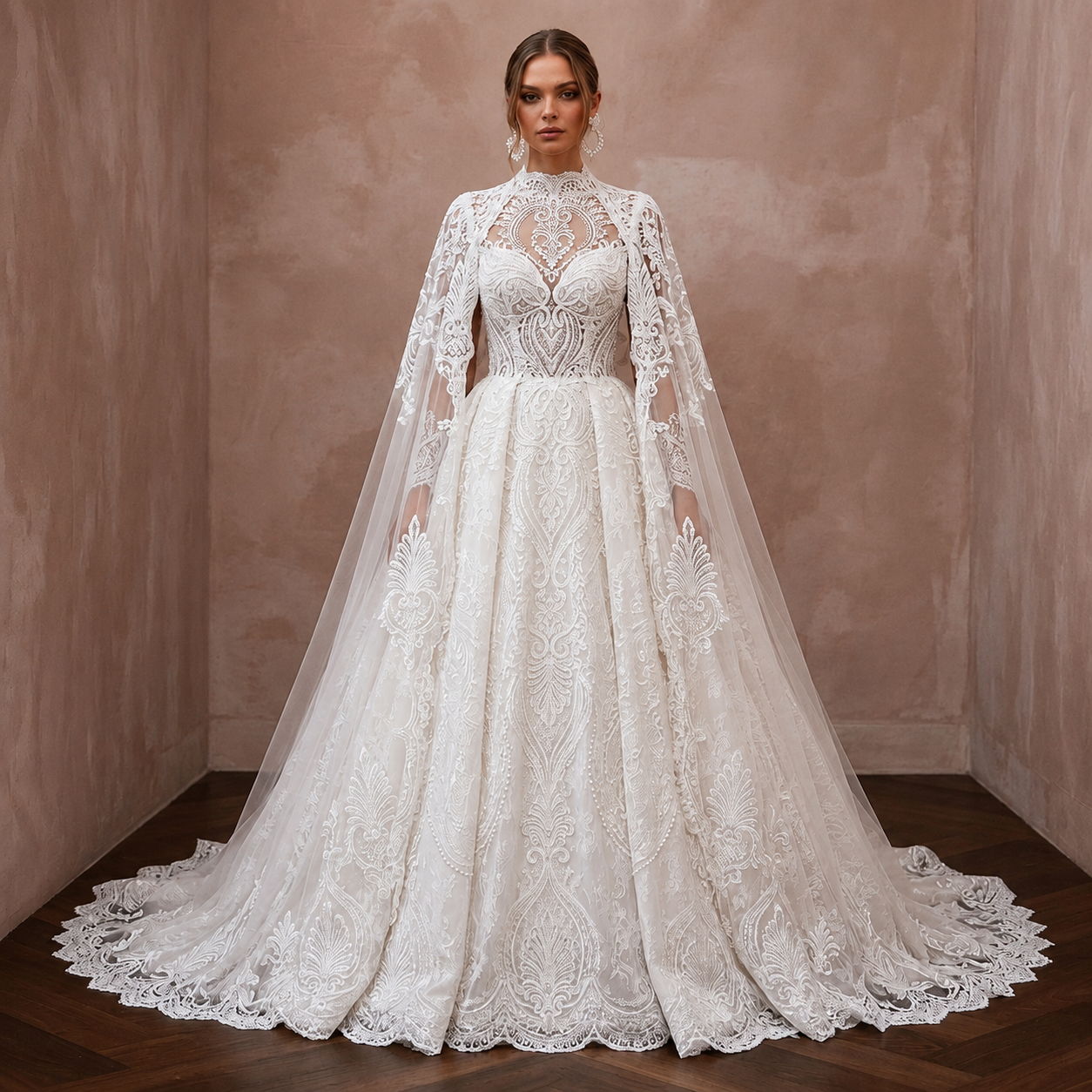 Muslim Lace Ball Gown Wedding Dress with Cape