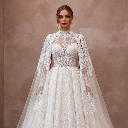 Muslim Lace Ball Gown Wedding Dress with Cape - Apparel & Accessories > Clothing > Wedding & Bridal Party Dresses > Wedding Dresses - Mignonette Bridal