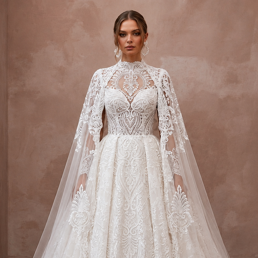 Muslim Lace Ball Gown Wedding Dress with Cape