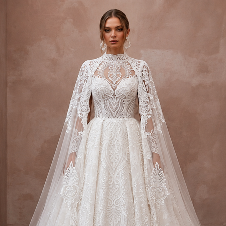 Muslim Lace Ball Gown Wedding Dress with Cape