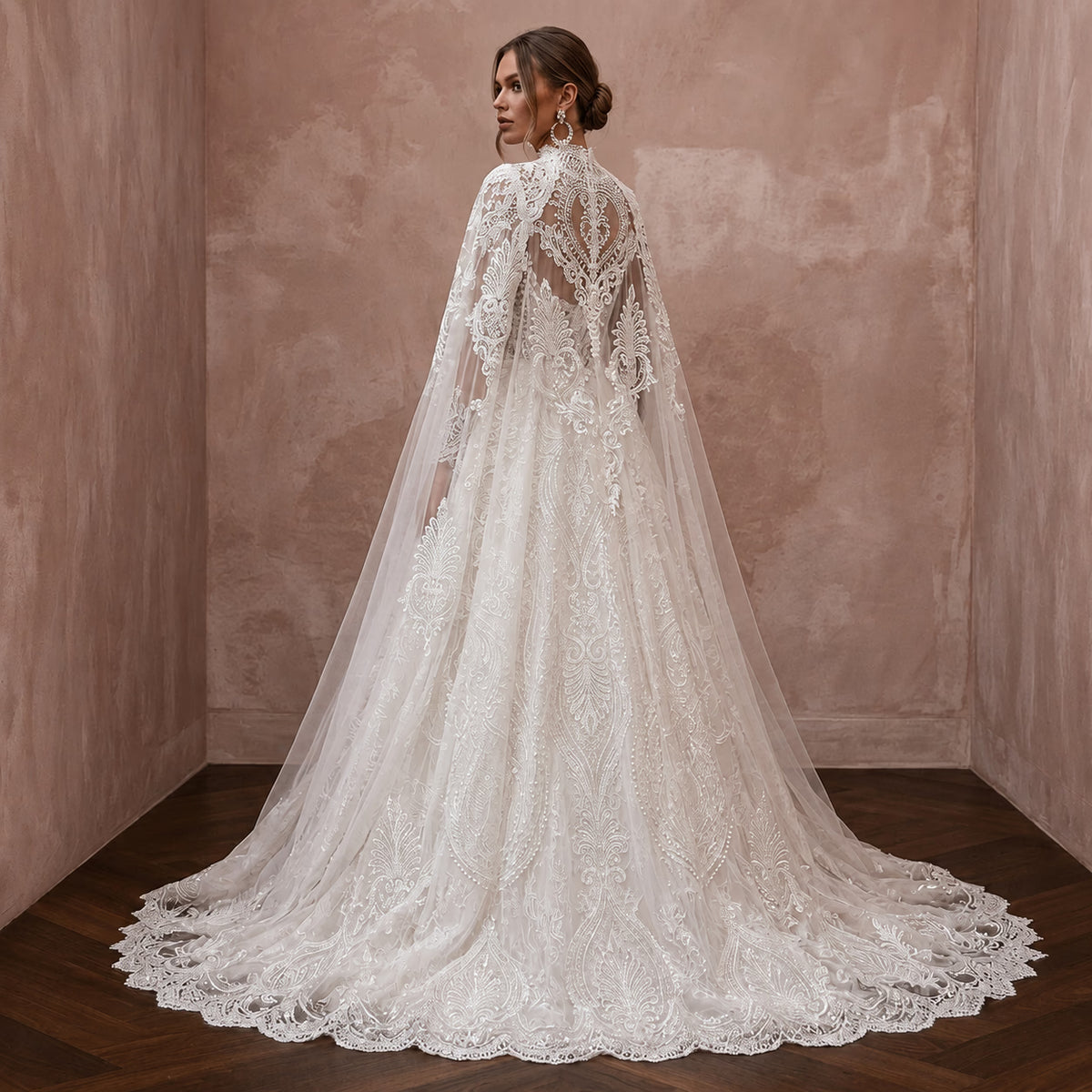 Muslim Lace Ball Gown Wedding Dress with Cape - Apparel & Accessories > Clothing > Wedding & Bridal Party Dresses > Wedding Dresses - Mignonette Bridal