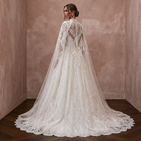 Muslim Lace Ball Gown Wedding Dress with Cape - Apparel & Accessories > Clothing > Wedding & Bridal Party Dresses > Wedding Dresses - Mignonette Bridal
