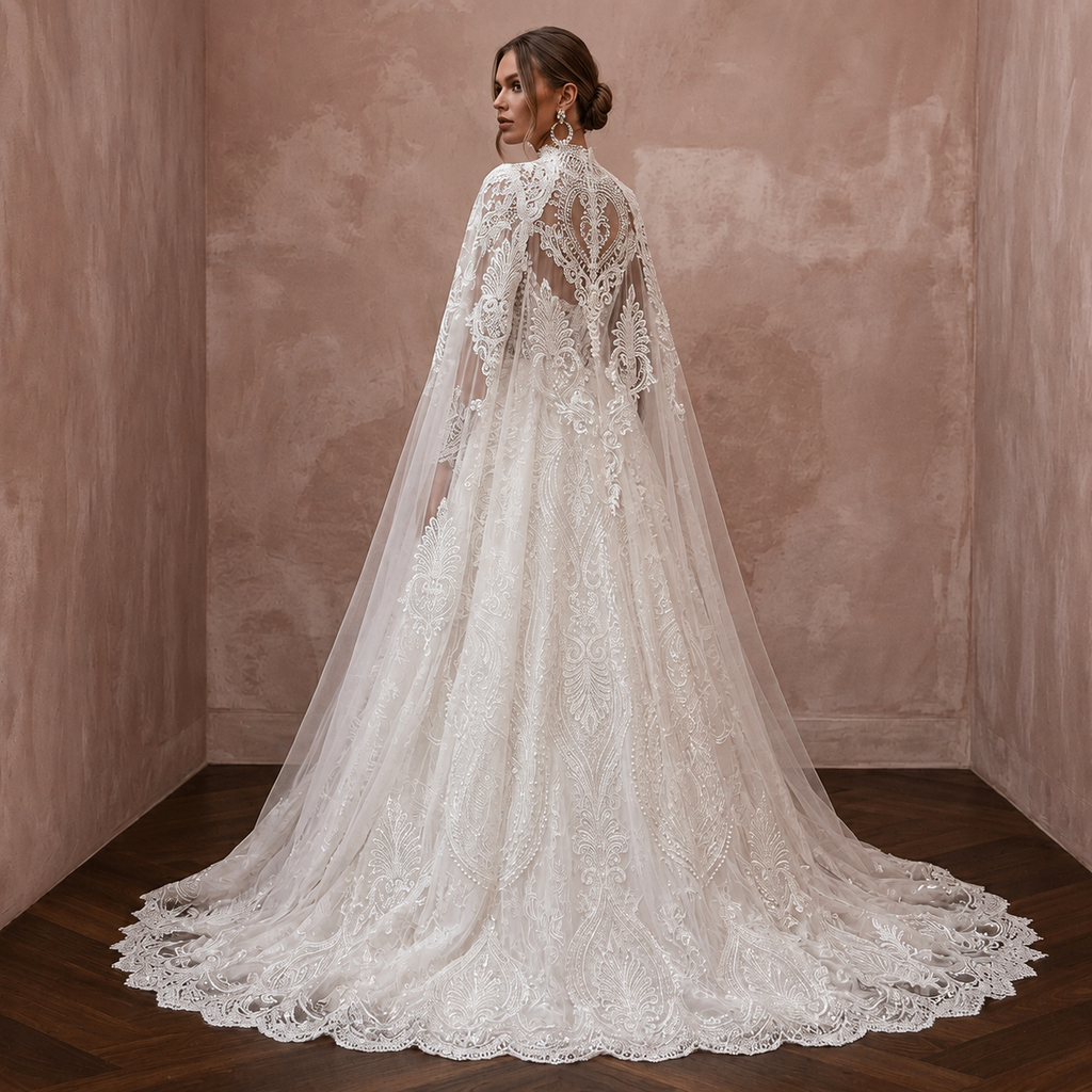 Muslim Lace Ball Gown Wedding Dress with Cape