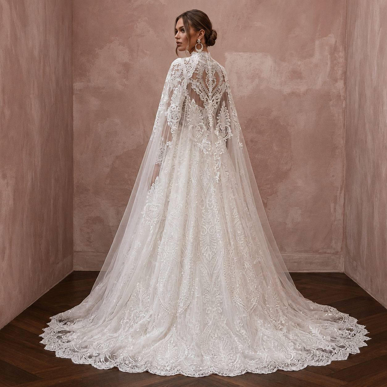 Muslim Lace Ball Gown Wedding Dress with Cape