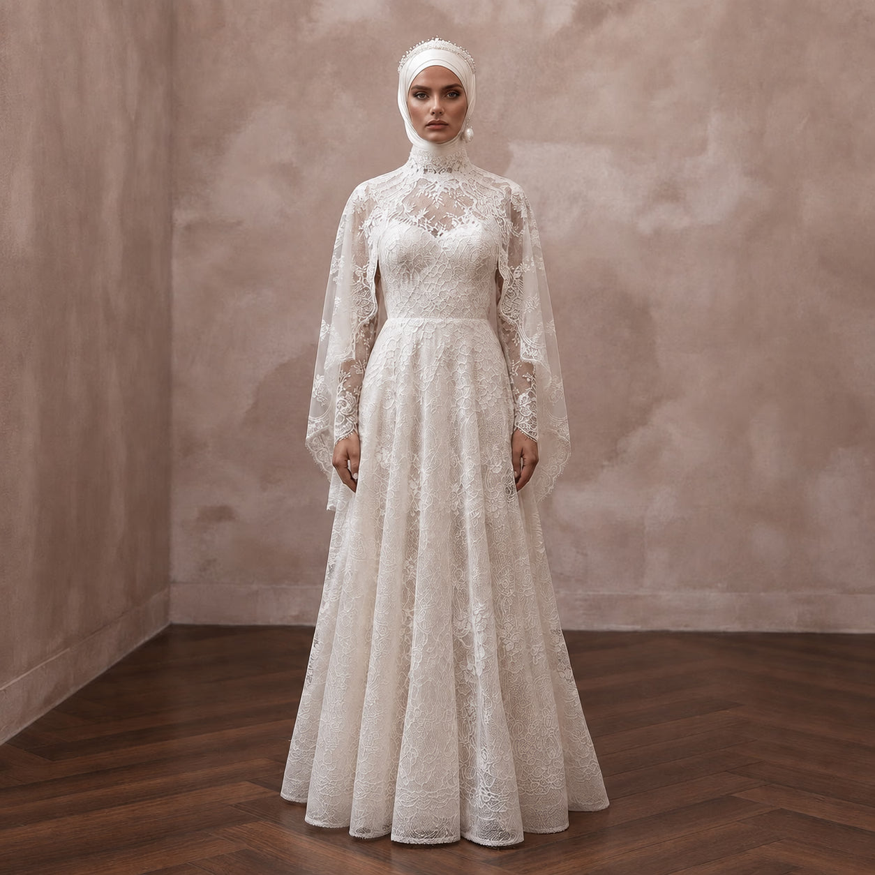 Muslim Lace Bridal Gown with Long Sleeves and Cape