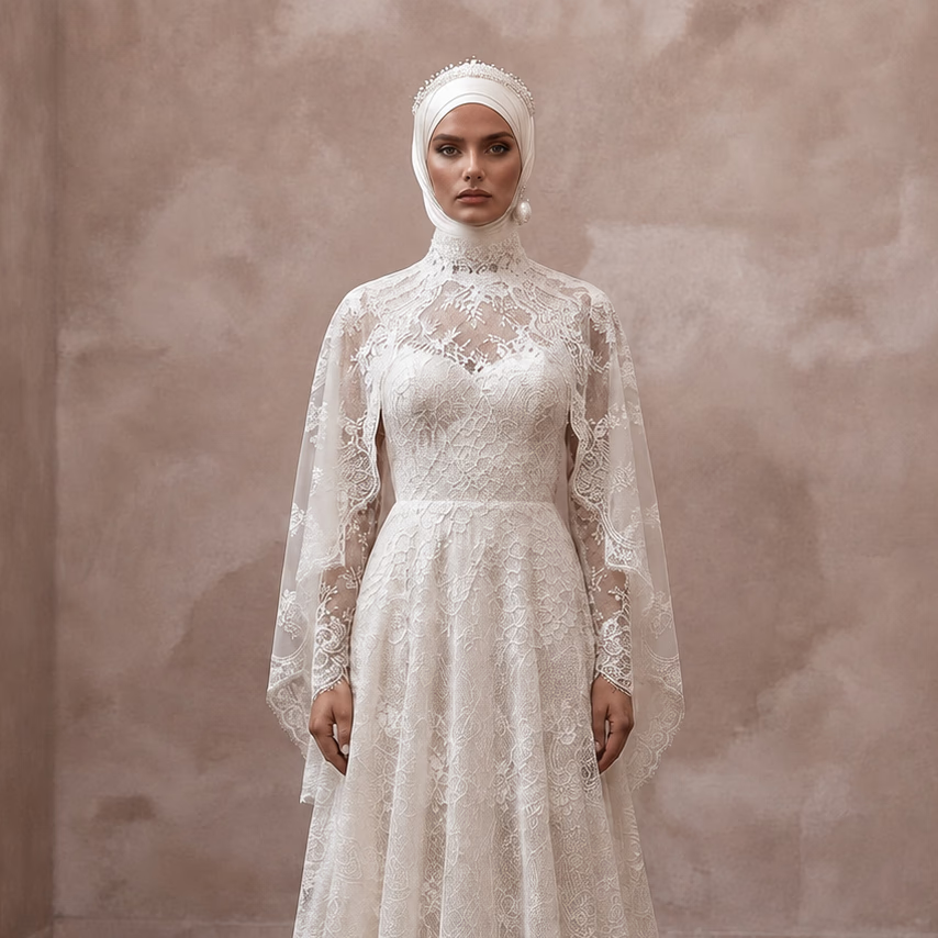 Muslim Lace Bridal Gown with Long Sleeves and Cape
