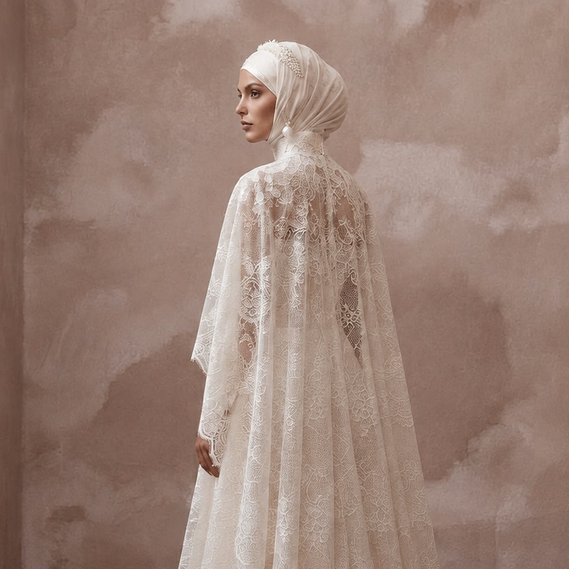 Muslim Lace Bridal Gown with Long Sleeves and Cape