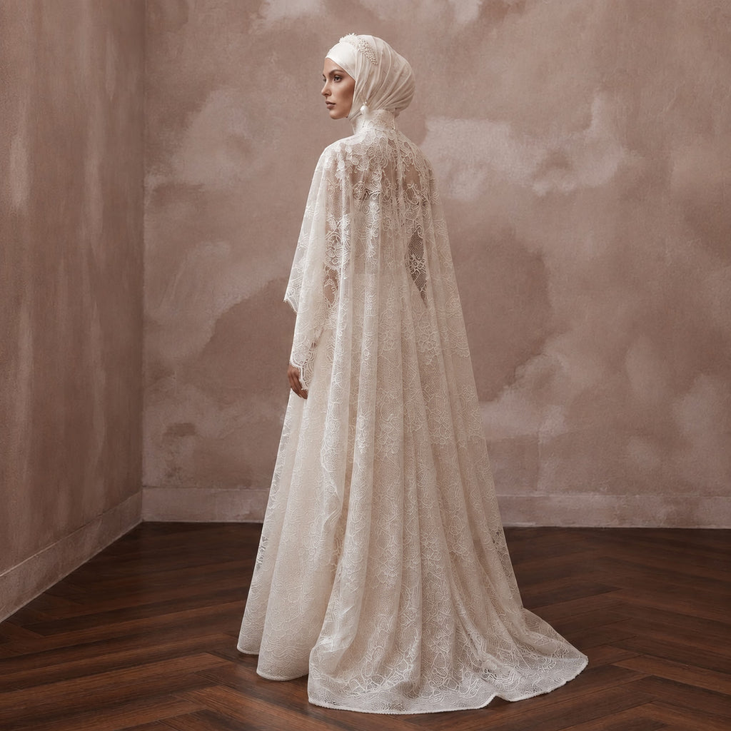 Muslim Lace Bridal Gown with Long Sleeves and Cape