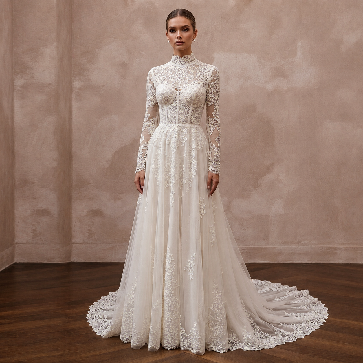 Ivory high-neck lace wedding dress with long sleeves and full tulle skirt, corset bodice