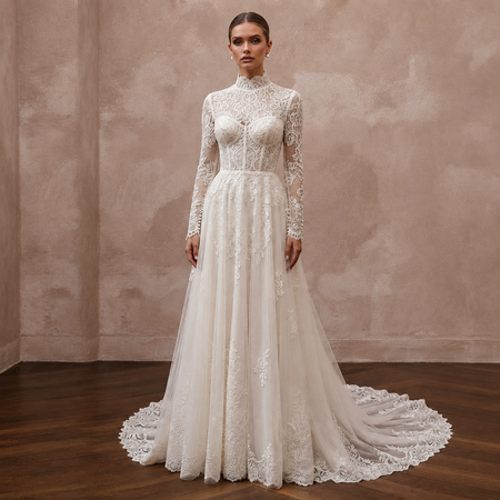 Ivory high-neck lace wedding dress with long sleeves and full tulle skirt, corset bodice