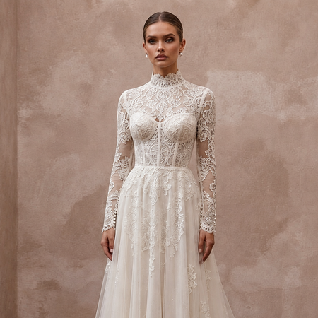Ivory lace wedding dress with high neckline, long sleeves, corset bodice and embroidered skirt