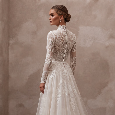 Ivory lace wedding dress with high back neckline, long sheer sleeves and layered tulle skirt