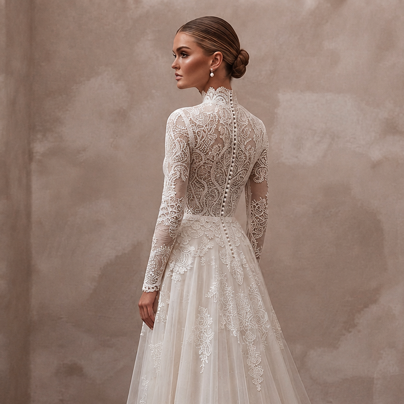 Ivory lace wedding dress with high back neckline, long sheer sleeves and layered tulle skirt