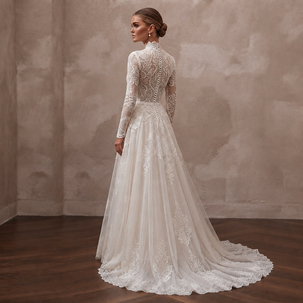 Ivory high-neck lace gown with long sleeves and flowing tulle skirt, back view