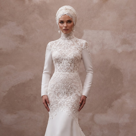 Muslim Lace Mermaid Wedding Dress with Long Sleeves - Apparel & Accessories > Clothing > Wedding & Bridal Party Dresses > Wedding Dresses - Mignonette Bridal