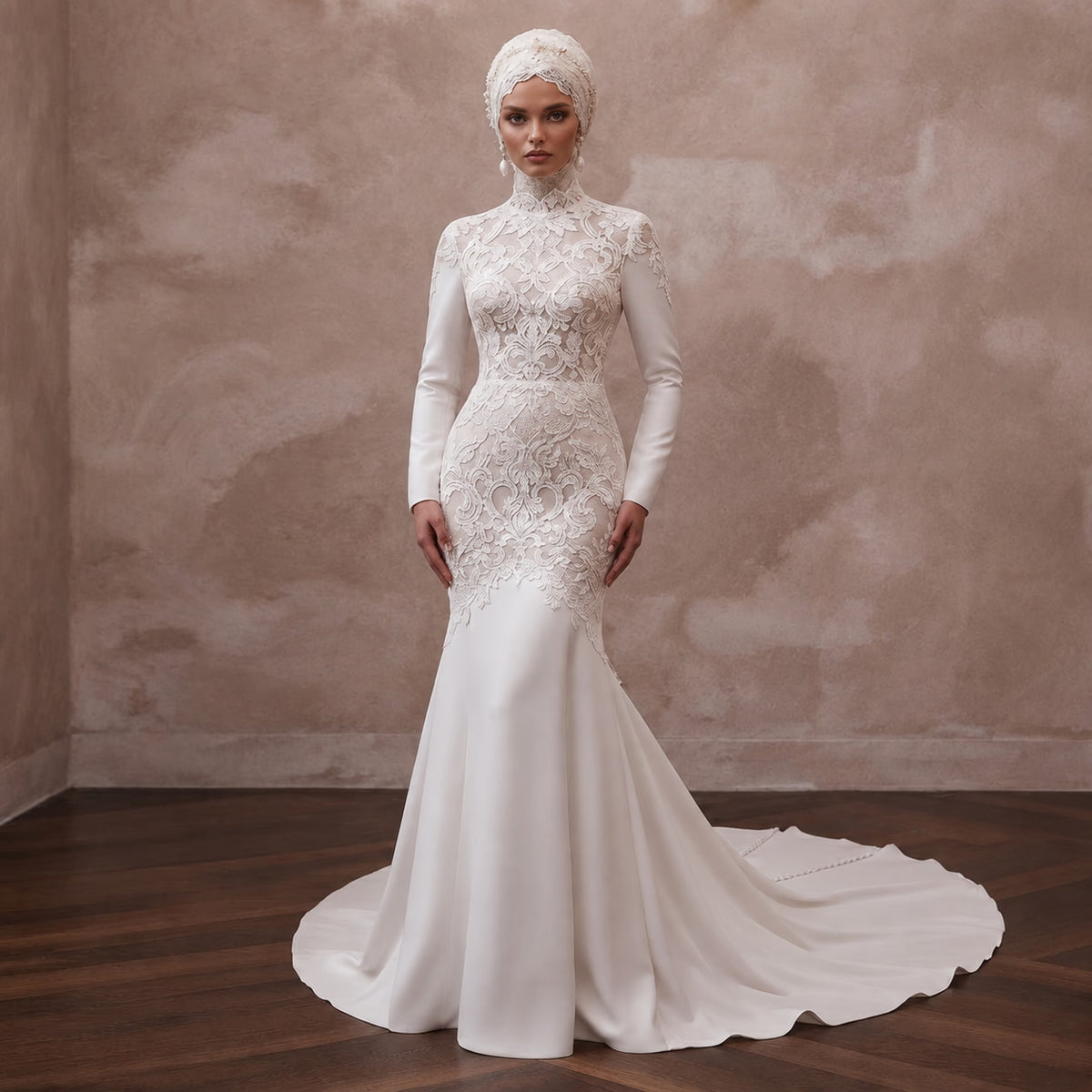 Muslim Lace Mermaid Wedding Dress with Long Sleeves - Apparel & Accessories > Clothing > Wedding & Bridal Party Dresses > Wedding Dresses - Mignonette Bridal