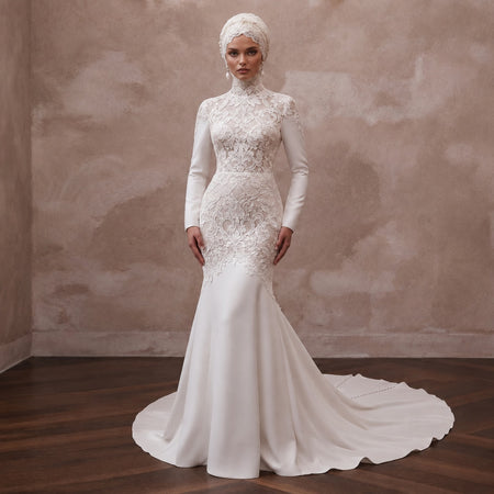 Muslim Lace Mermaid Wedding Dress with Long Sleeves - Apparel & Accessories > Clothing > Wedding & Bridal Party Dresses > Wedding Dresses - Mignonette Bridal