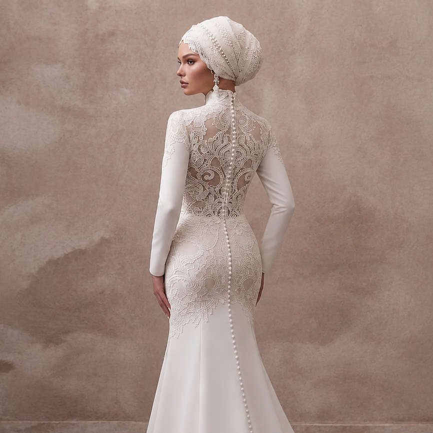 Muslim Lace Mermaid Wedding Dress with Long Sleeves - Apparel & Accessories > Clothing > Wedding & Bridal Party Dresses > Wedding Dresses - Mignonette Bridal