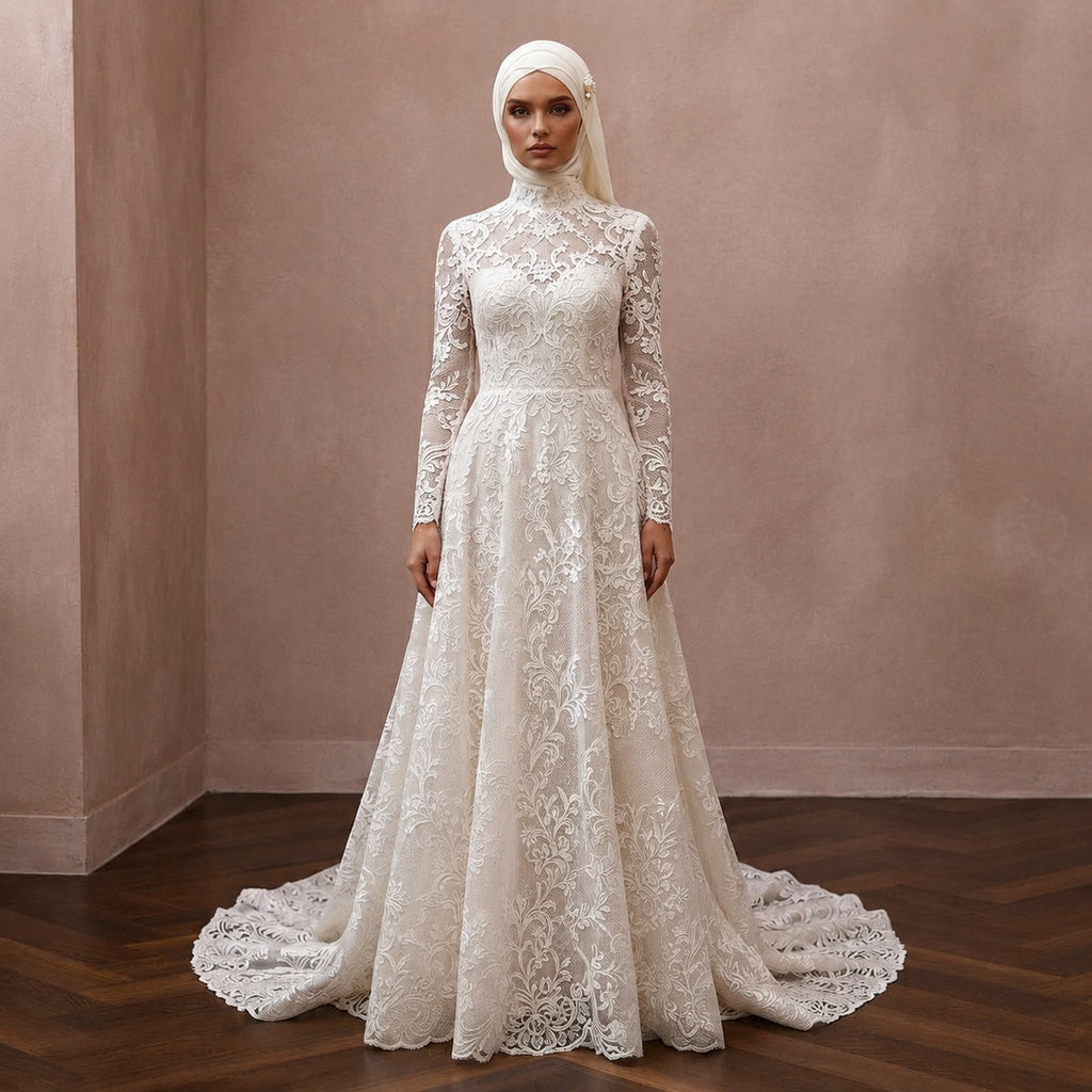 Muslim Lace Wedding Dress with High Neck and A-Line Silhouette