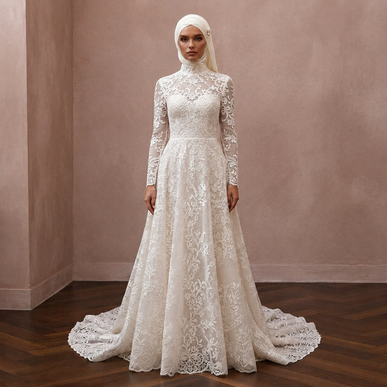 Muslim Lace Wedding Dress with High Neck and A-Line Silhouette