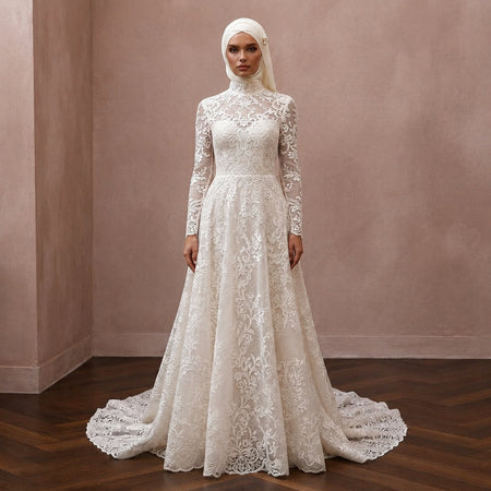 Muslim Lace Wedding Dress with High Neck and A-Line Silhouette