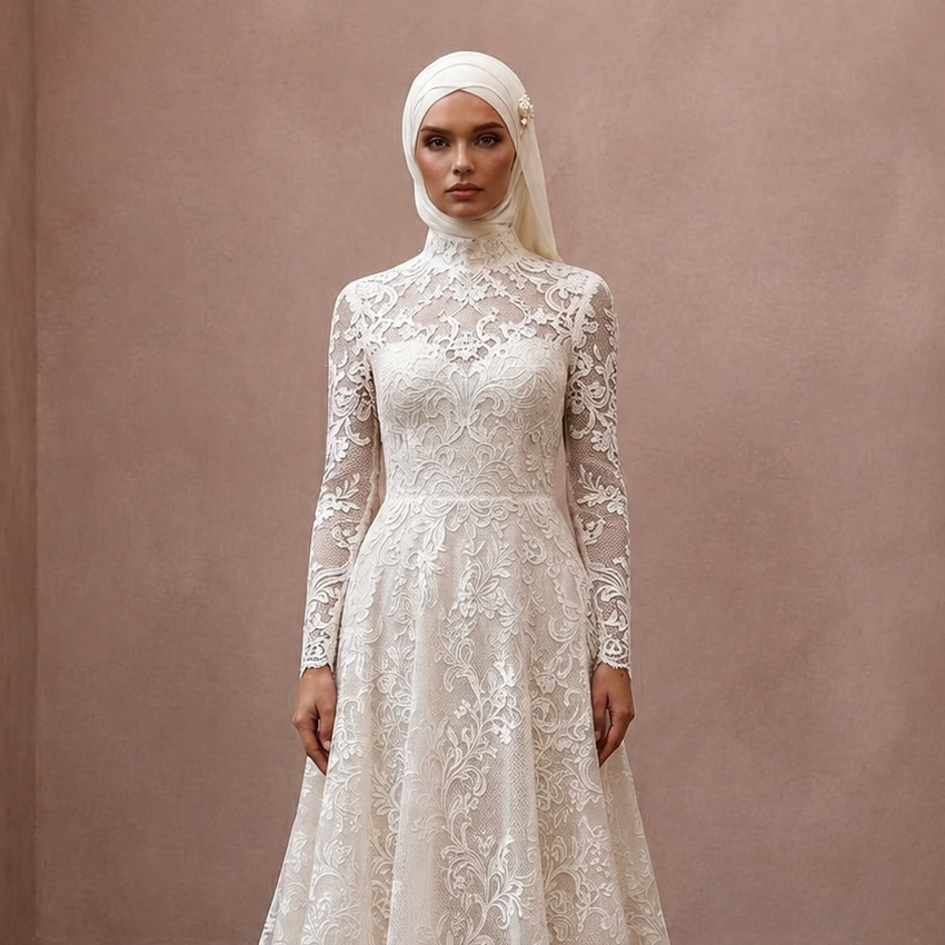 Muslim Lace Wedding Dress with High Neck and A-Line Silhouette