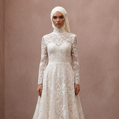 Muslim Lace Wedding Dress with High Neck and A-Line Silhouette