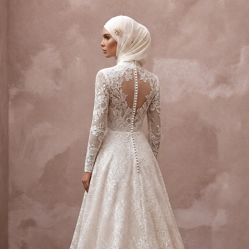 Muslim Lace Wedding Dress with High Neck and A-Line Silhouette