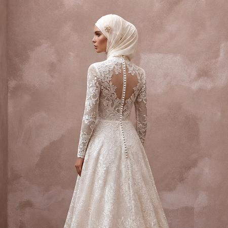 Muslim Lace Wedding Dress with High Neck and A-Line Silhouette