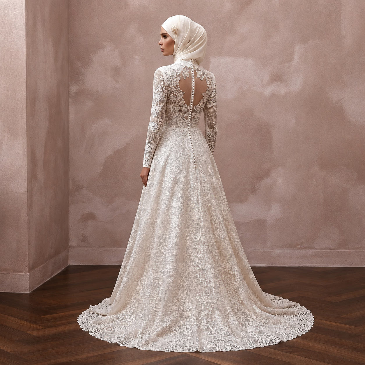 Muslim Lace Wedding Dress with High Neck and A-Line Silhouette