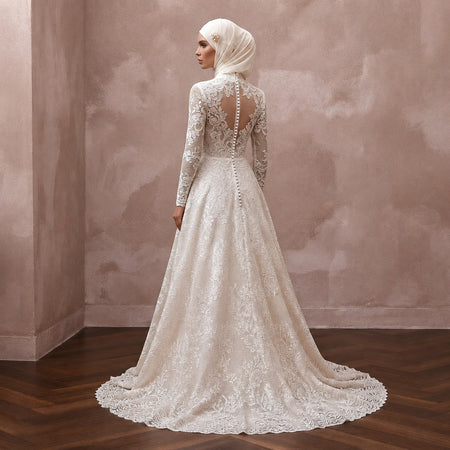 Muslim Lace Wedding Dress with High Neck and A-Line Silhouette