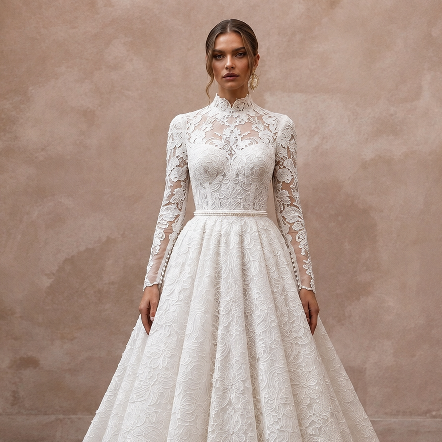 White lace wedding dress with long sleeves, high neck, and detailed bodice