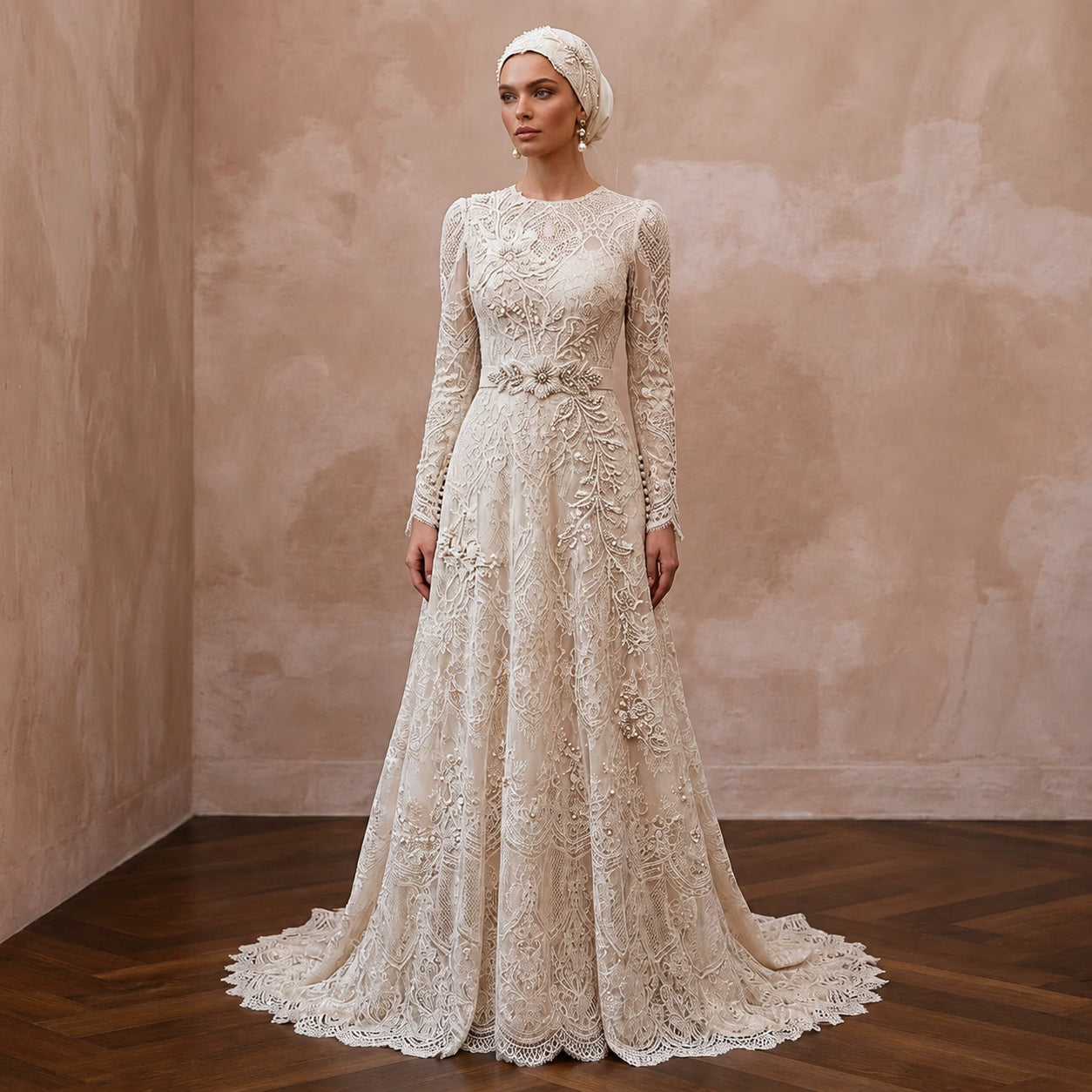 Muslim Lace Wedding Dress with Long Sleeves and A-Line Silhouette