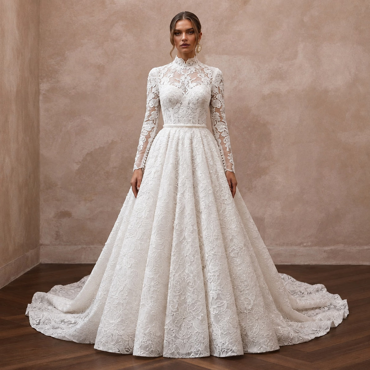 White lace A-line wedding dress with long sleeves, high neckline, and flowing skirt Main image