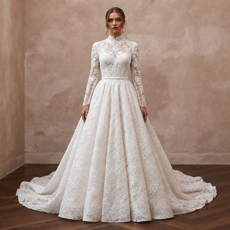 White lace A-line wedding dress with long sleeves, high neckline, and flowing skirt