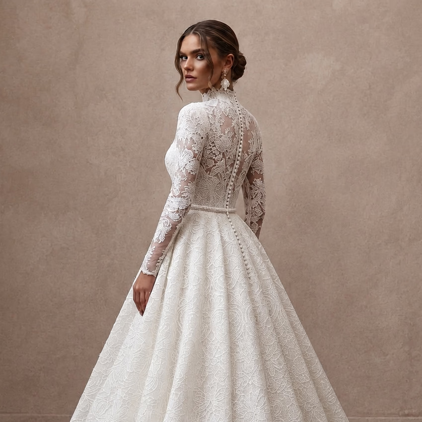 White lace wedding dress, long sleeves, fitted bodice, A-line skirt