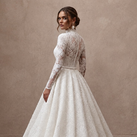 White lace wedding dress, long sleeves, fitted bodice, A-line skirt