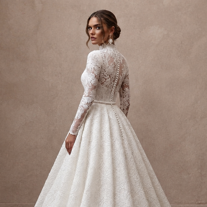 White lace wedding dress, long sleeves, fitted bodice, A-line skirt
