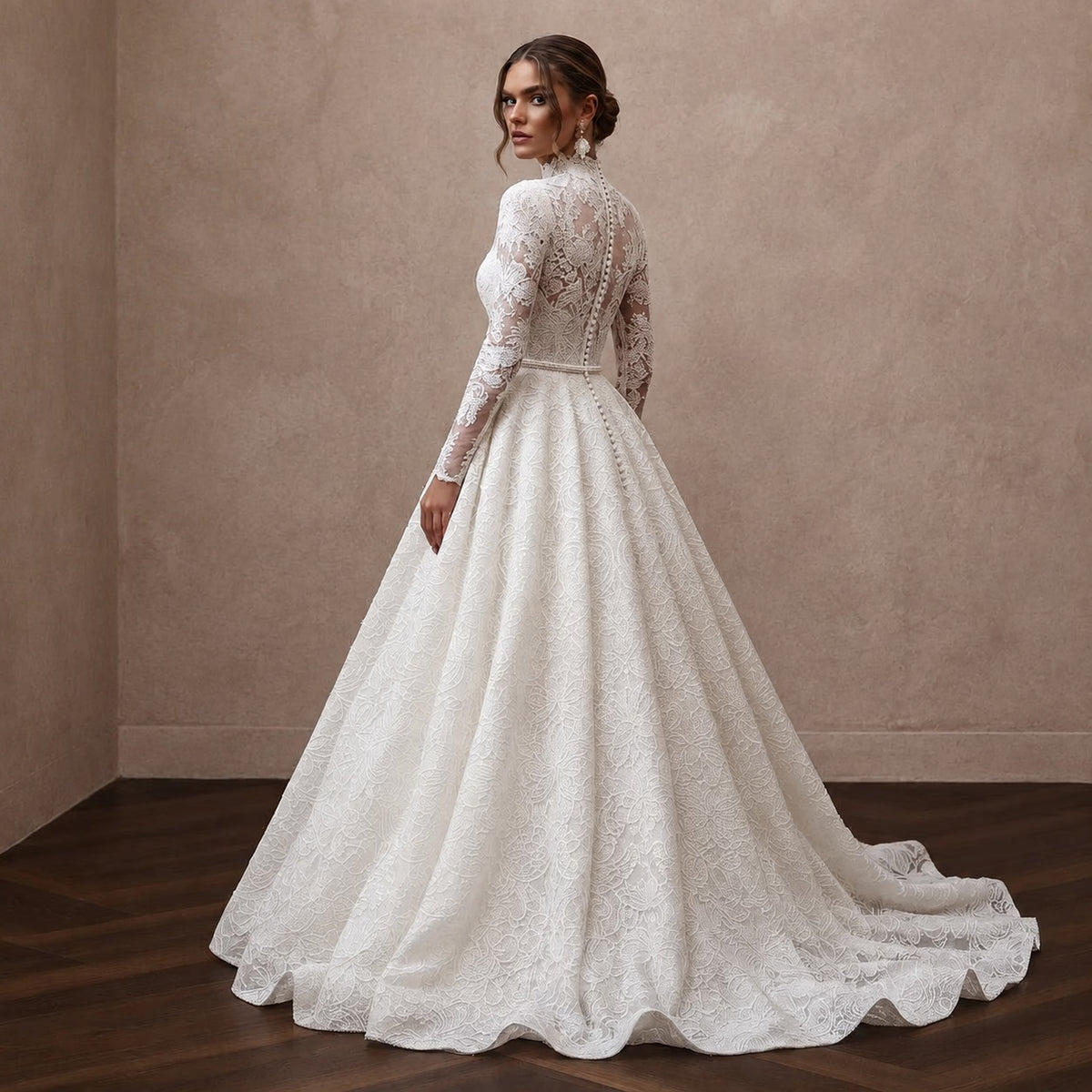 White lace A-line wedding dress with long sleeves and high lace neckline