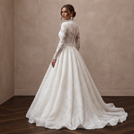 White lace A-line wedding dress with long sleeves and high lace neckline