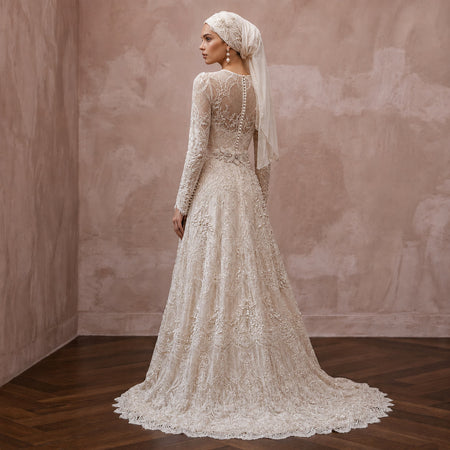 Muslim Lace Wedding Dress with Long Sleeves and A-Line Silhouette