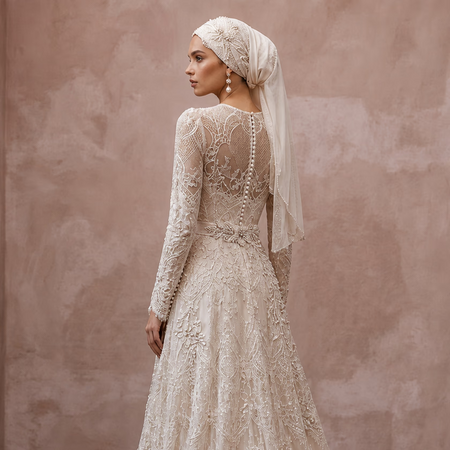 Muslim Lace Wedding Dress with Long Sleeves and A-Line Silhouette