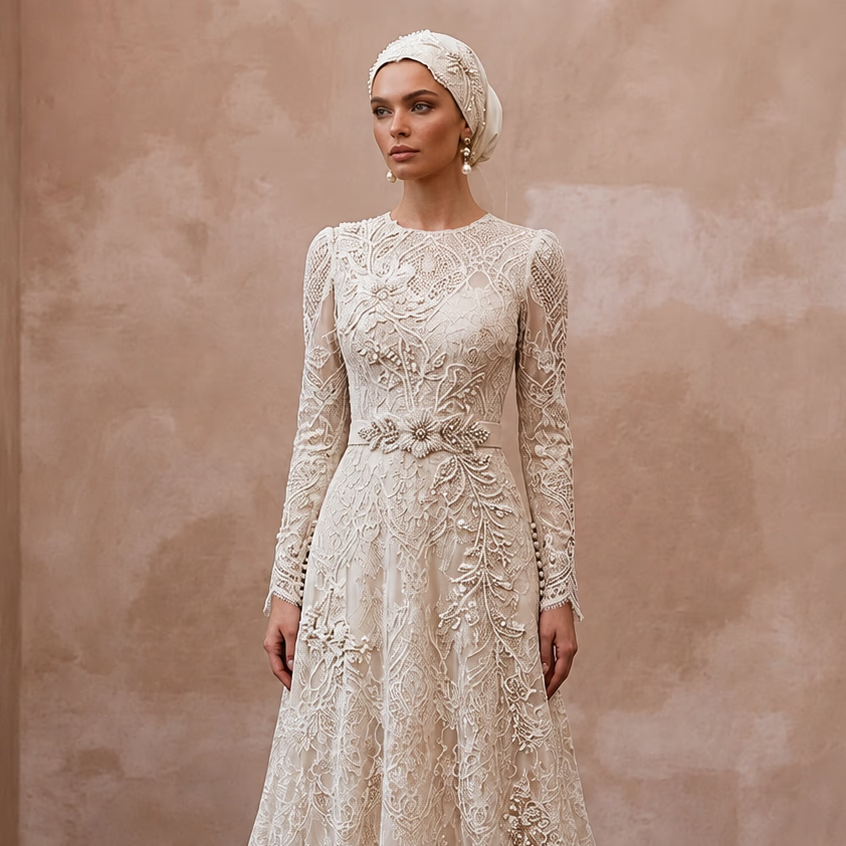 Muslim Lace Wedding Dress with Long Sleeves and A-Line Silhouette