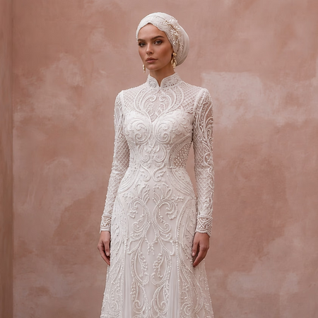 Muslim Lace Wedding Dress with Long Sleeves and High Neck