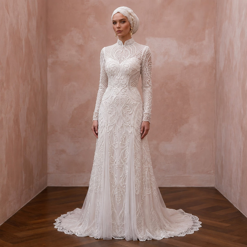 Muslim Lace Wedding Dress with Long Sleeves and High Neck