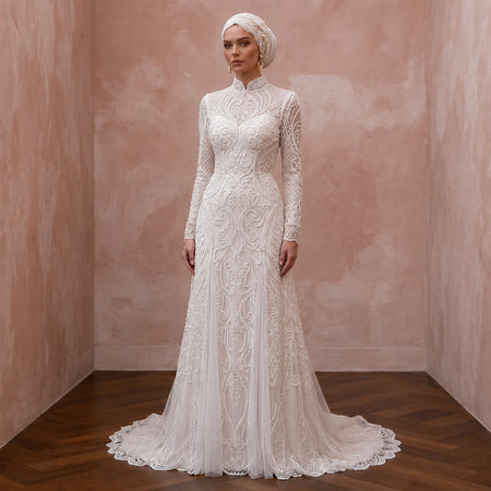 Muslim Lace Wedding Dress with Long Sleeves and High Neck